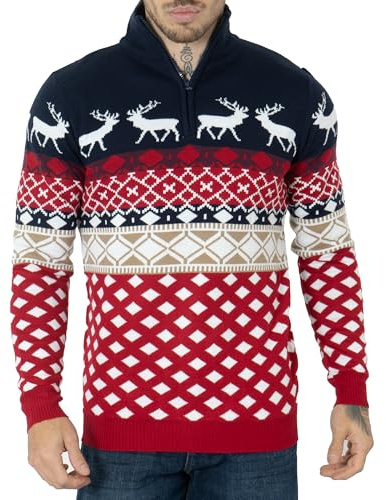 NOROZE Mens Novelty Knitted Christmas Sweater Jumpers (M, Navy Zip Neck)