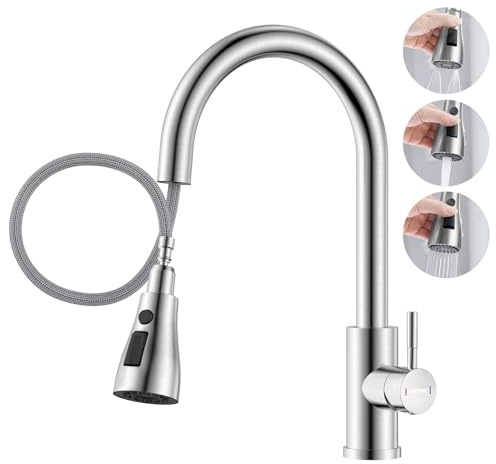 DAYONE Kitchen Mixer Tap with Pull Out Spray, SUS304 Stainless Steel Sink Taps Mixer with 3 Functions for Kitchen, 360° Swivel Single Handle High Arc Kitchen Faucet, Brushed Steel