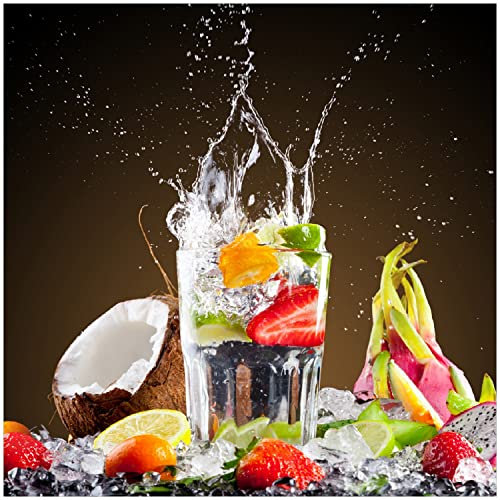 Wallario Glasbild Tropische Früchte in einem erfrischenden Drink - 30 x 30 cm Wandbilder Glas in Premium-Qualität: Brillante Farben, freischwebende Optik