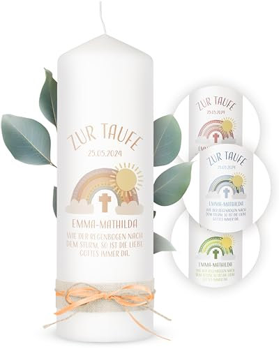 AMARI Taufkerze Personalisiert Boho Regenbogen H:25cm/⌀:8cm - Mädchen/Junge - Kerze Selber Gestalten