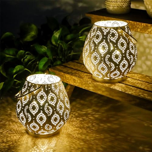 TRIROCKS Set di 2 Lanterne Decorative Marocchine 26 cm Alte, Lampada Senza Fili a Batteria con Luci LED per Casa, Soggiorno, Giardino, Eventi (Bianco)