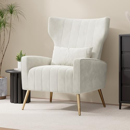 Hawthyhome Relaxsessel Fernsehsessel Ohrensessel mit Kopfkissen und Gold Metallfüßen Einzelsofa aus Samt bis 130kg Schlafzimmer/Wohnzimmer/Lounge Beige