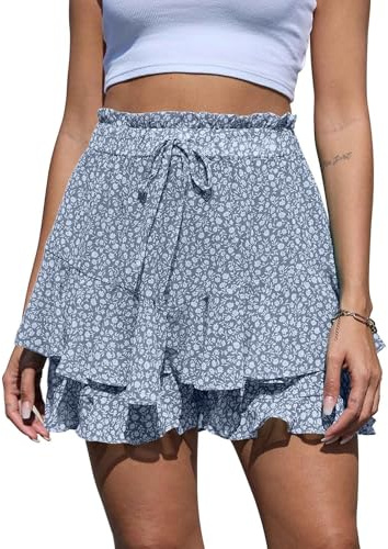 Yutdeng Pantalones Cortos Mujer de Gasa - Falda Pantalon Estampado Floral Verano Elástica Cintura Alta, Ligero Elegantes Casual Bermudas Playa Boho Volante