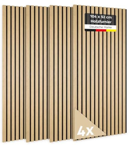 JELLE & JACOB Wandpaneele Akustikpaneele Holz Eiche Furnier 104x52 cm, 4er Set 3D Wandpaneele Holz Wandverkleidung, Akustikpaneel Deko hell Wohnzimmer, Garderobe, Akustik Wand Paneele