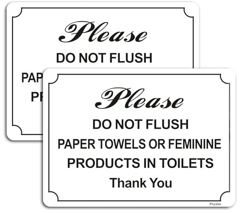 Phyabe Do Not Flush Paper Towels or Feminine Products in Toilets Sign | 2 Pack 25cm x 18cm Thick Acrylic Self-Adhesive Modern Design Sign, Easy to Install, Durable,Waterproof,White