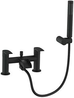 VeeBath Stream Round Waterfall Bath Shower Mixer Tap – Matt Black Finish Double Lever, Deck Mounted Bathroom Tap, Includes Round Showerhead & Kit, Modern Bath Mixer Tap with G3/4 BSP Inlet