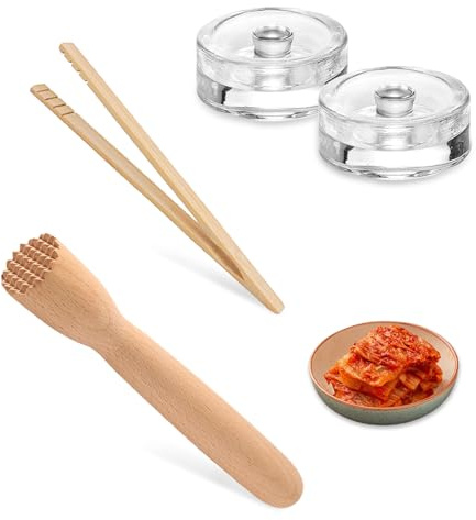LWLWA Kit de Démarrage pour Kimchi, Lot de 2 Poids de Fermentation, 7 cm | Kimchi Tools en Bois Composé D’Un Pilon Presseur et D'Une Pince en V de 18 cm, pour Fermentation Choucroute et Pickles