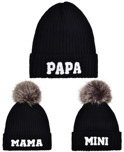 BAOZOON 3 st mamma pappa mini matchande hatt förälder-barn mössa hatt med pom pom pom vinter varm stickad mössa matchande familj mössa, Svart, one size