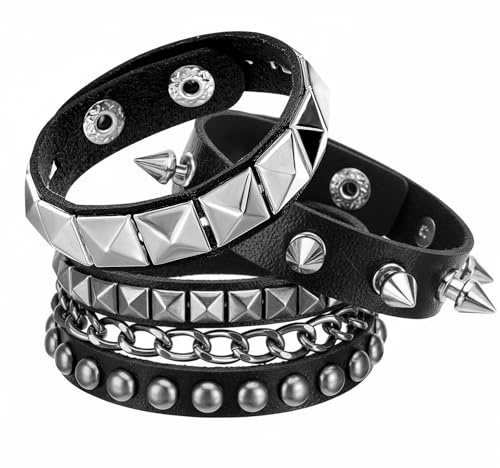 Grevosea 3 bracciali con borchie punk rock, in pelle, da uomo e da donna, con chiusura per feste, concerti, cosplay