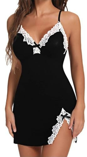 ADUDVLO Sexy Nightwear for Women Sexy Lingerie for Women Lingerie Sets for Women UK Lace Babydoll with Robe Nightdress Sleepwear for Anniversary, Christmas, Valentine’s Day (Black, M)