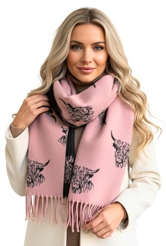 The Accessory Co. Highland Cow Gifts - Womens Blanket Scarf, Highland Cow Scarf - Cashmere Ladies Scarves, Long Large Oversized Shawl Wrap, Gift for Her, Christmas Winter Scarf (Pink/Grey)