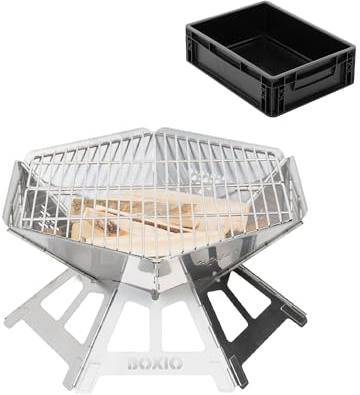 BOXIO - FIRE: Edelstahl Feuerschale mit Grillrost - Oktagon Feuerstelle Outdoor & Camping Grill, Kleine Feuerschale mit Funkenschutz, Mini Feuertonne & Feuerkorb für Garten & Lagerfeuer (Fire)