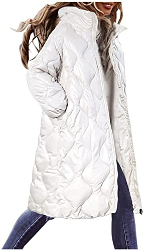 Chaqueta Larga de Algodón de Otoño Invierno para Mujer con Capucha Cuello Alto, Abrigo Parka Ropa Deportiva, Abrigo Acolchados Gruesos Cálido Largo Elegante con Cremallera Talla Grande(A Blanco,XL)