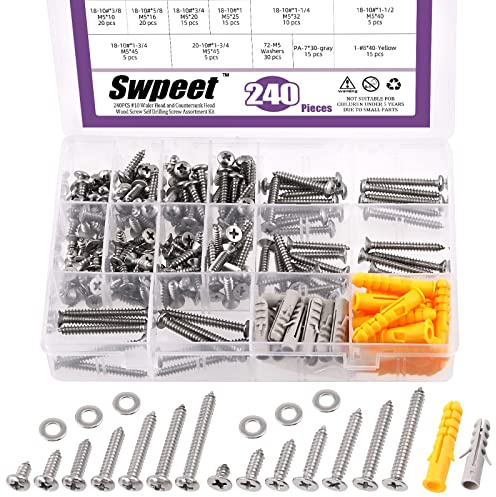 Swpeet 240 st #10 x 3/8 tum 5/8 tum 3/4 tum 1 tum 1-1/4 tum 1-1/2 tum 1-3/4 tum 304 rostfritt stål platt huvud och pannhuvud snabba självgängande gipsskruvar träskruvar plåt metallskruvar med platt bricka och Gipsvägg ankare