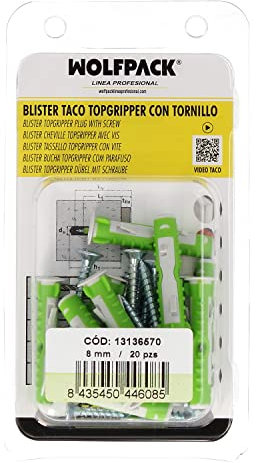 WOLFPACK LINEA PROFESIONAL - Blister Tacos Topgripper Bimaterial Con Tornillos Ø 8 mm. 20 Piezas Taco Anclaje Universal, Taco Hormigon, Taco Pladur