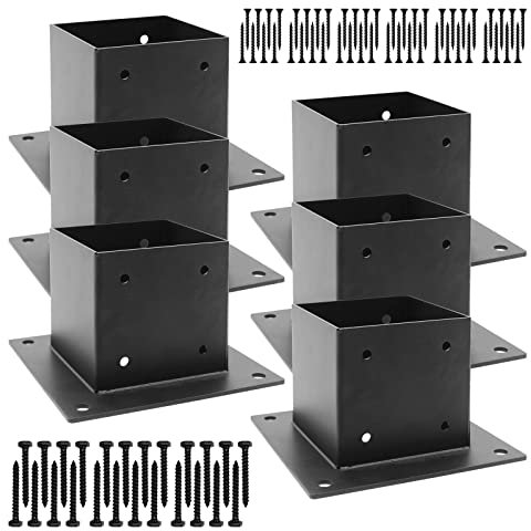 WHATWEARS 4 x 4 Post Base(Inner Size 3.6 x 3.6), Heavy-Duty Steel Post Anchor, Deck Post Base Brackets with Black Metal Coated, with Screws, for Deck Railing Pergola Brackets Fence (6 Pack)