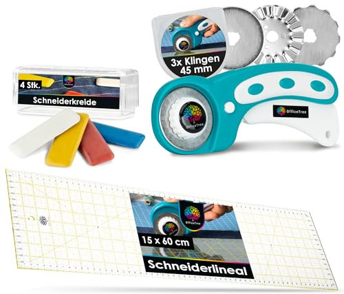 OfficeTree Set Artikel Rollschneider + Lineal + Schneiderkreide 3 Klingen - Universal-Lineal Patchwork 60x15cm - 4x Schneiderkreide 55x20mm - Rollschneider Stoff 45mm - Quilt und Nähkreide zum Nähen