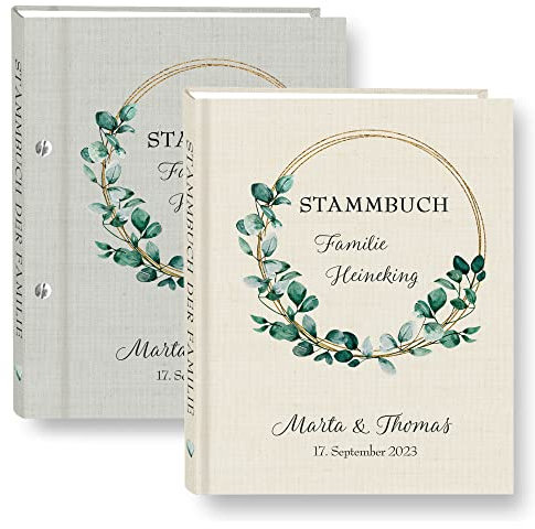 Stammbuch der Familie personalisiert Eukalipto grau o. beige A5 ca. 18 x 23 cm Familienstammbuch Eukaliptus Stammbücher Handarbeit