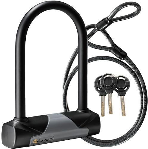Via Velo Bike U-Lock with Cable, Heavy Duty Anti-Theft Bicycle U Locks with 8mm Braided Steel and 3 Keys, 4ft Length Security Cable for Bike, Scooter Mountain Road Bike