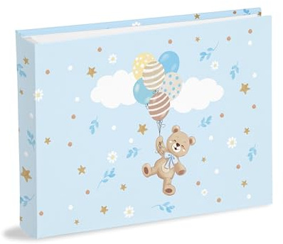 Álbum de 20 x 16 cm con 30 hojas blancas (60 páginas) de cartón grueso y resistente intercaladas con pergamino, cubierta de papel plastificado, osito celeste