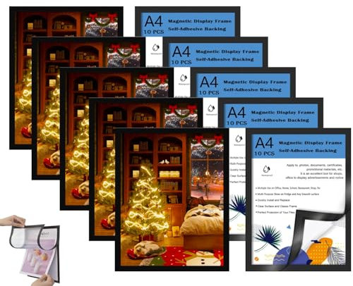 Ensemble de cadres magnétiques A4, 10 pièces A4 cadre magnétique auto-adhésif, cadre affichage magnétique, supports de présentation A4, pour annonces, avis, documents, les Messages, les Photos, Noir