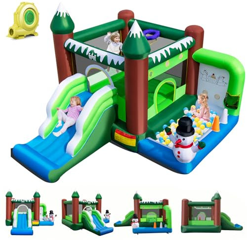 GOPLUS Château Gonflable Enfants, Toboggan, Fosse à balles, Panier de Basket-Ball, Trous de Lancement, Lancer d'anneaux, Décoration Bonhomme de Neige, souffleur 680W, intérieur/extérieur