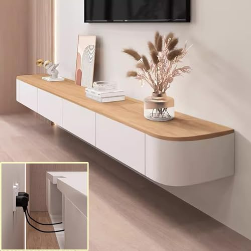 XDXINY tv-mediakonsol flytande skåp väggmonterad flera förvaring bänk under lågbräda med lådor (vit-brun, 160 x 20 x 24 cm)