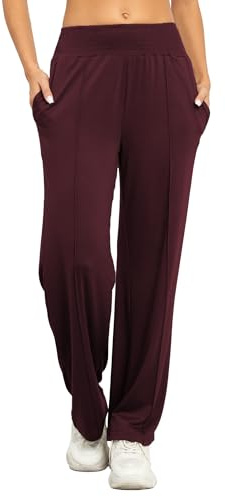 Famulily Ladies High Waisted Elastic Trousers Wide Leg Joggers Long Palazzo Yoga Pants with Pockets (S, Wine)