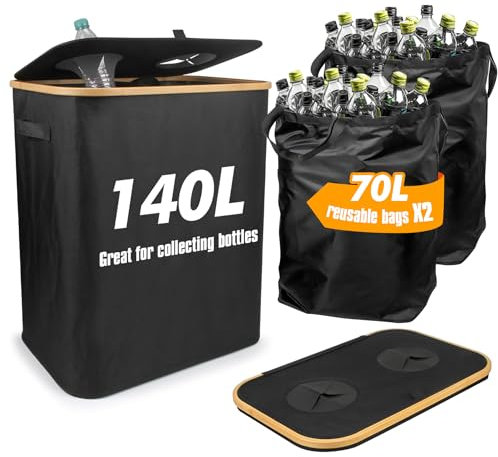 Spesh Bottle Collector Bin with Lid, 140L Large Capacity Empty Bottle Compartment Bin Indoor Home Deposit Bottle Collector for Cans(Black)