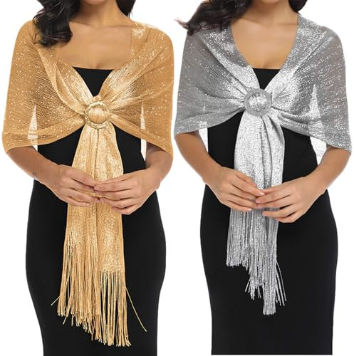 2 Stück Glitzer Stola Damen, mit kostenloser Schalschnalle Funkelnde metallische Tücher und Wickel Stola Glitzer schal Frauen Braut Hochzeit Schal für Abendkleid Festlich Hochzeit Frühling
