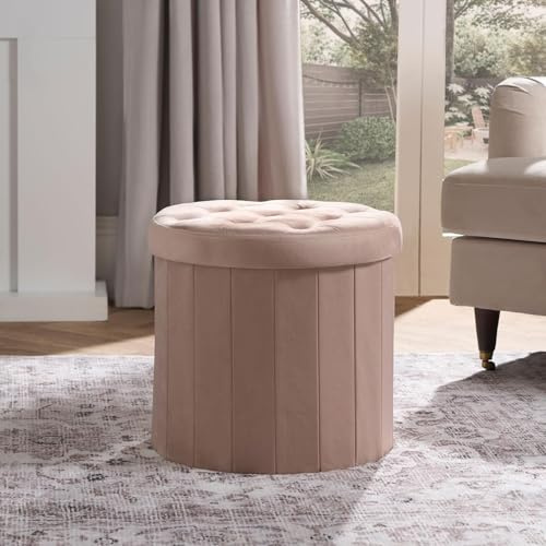 OHS Round Ottoman Storage Box Matte Velvet, Natural Upholstered Storage Ottoman Footrest with Hidden Storage & Lid For Living Room Bedroom or Entryway, One Size
