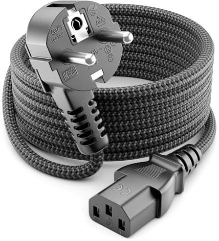 deleyCON 5m Cable de Alimentación IEC de Nylon Acodado 90 Grados - Conector Eléctrico con Toma de Tierra (Enchufe Tipo F a Conexión C13) para PC Ordenador Monitor Impresora Proyector - Gris