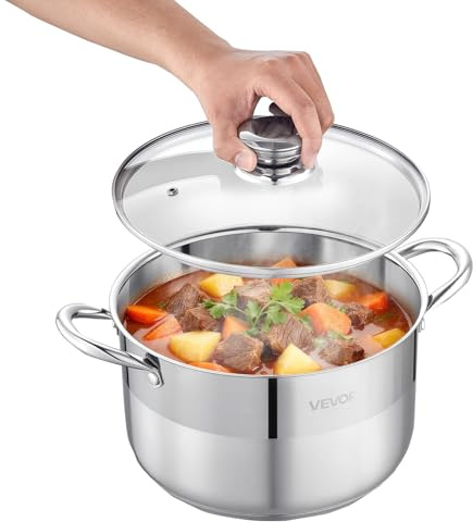 VEVOR Olla de Acero Inoxidable Capacidad de 7,6 L, Olla con Tapa de Vidrio y Asas Diametro de 24 cm, Ligero para Transportar, con Base de 5 Capas, Grande y Resistente, Ideal para Sopas, Guisos