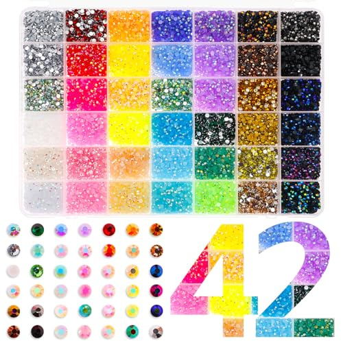 42 000 st. Bedazzler-kit 3 mm strass 42 färger Bedazzling-kit Flatback glittriga stenar för hantverk, naglar, kläder, mobilfodral och DIY-dekoration inklusive genomskinlig sorteringslåda (42F)
