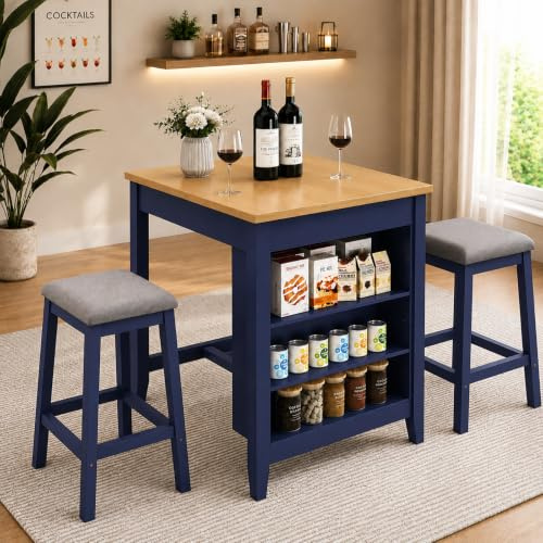 HOLTICO Breakfast Bar Table and Stools Set, Small Dining Table and 2 Chairs | Solid Wood Frame, 3-Tier Side Storage Shelves