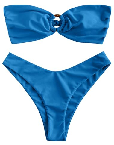 ZAFUL Women's Bandeau Bikini O Ring Strapless Tie Back High Cut Two Piece Swimsuit Bathing Suits (0-Deep Blue, S)
