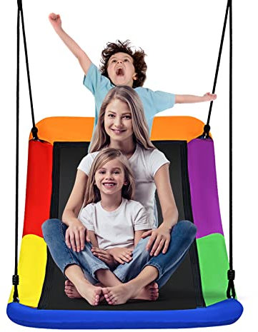 COSTWAY Columpio 81 x 152 cm para Árbol, Columpio de Exterior Hecho en Tejido Oxford PP y Acero, Columpio con Cuerdas Regulables, Ideal para Parque Infantil Patio Árbol (Multicolor)