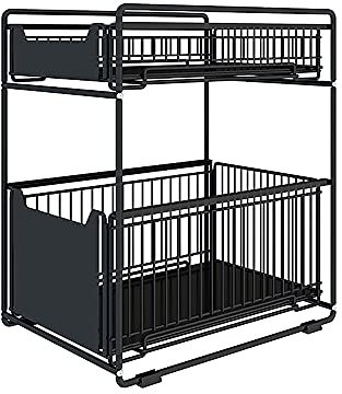 THINFAR Scaffale sottolavello Scaffale Sotto Lavandino Scaffale da Cucina Lavandino cestino scorrevole a 2 ripiani, per armadietti da cucina,bagno,cassetti estraibili sotto il lavello (Nero)