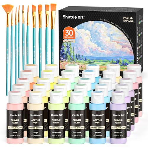 Shuttle Art 40 Pack Pastel Acrylic Paints Set, 30 Colours with 10 Paint Brushes, 60ml/2oz Bottle, High Viscosity, Waterproof for Painting & Crafting on Canvas, Rock, Ceramic, Fabric