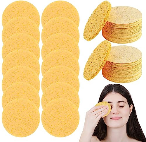 70 Pcs Éponges Visage Comprimées, ZYNERY Eponge Demaquillage Visage Lavable, Éponge Cosmétique Ronde Réutilisable pour Nettoyage du Visage (Jaune)