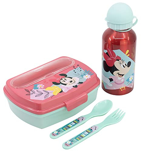Set de botella de aluminio de 400 ml y fiambrera con cubiertos de Minnie Mouse