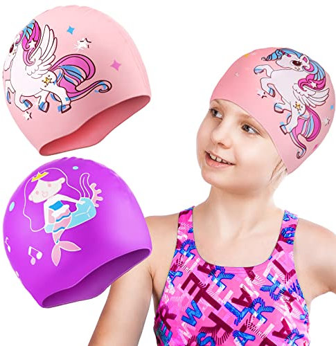 Geyoga 2 Stück wasserdichte Kinder Badekappen Sommer Badehauben für Kinder Cartoon Silikon Schwimmkappe Bademützen für Jungen Mädchen Langes und Kurzes Haar Schwimmbad, Rosa und Lila