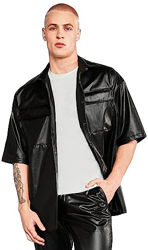 WDIRARA Men's Pu Leather Flap Pocket Button Up Drop Soulder Half Sleeve Shirt Casual Oversized Tops Black L