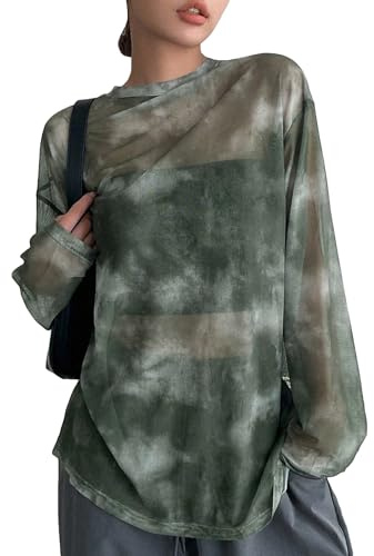 Verdusa Women's Y2k Tie Dye Sheer Mesh Top Long Sleeve Oversized Rave Streetwear Tops Whimsical Clothes Multicolor Large
