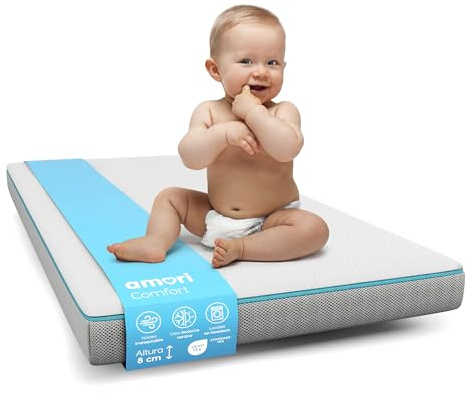 AMORI Colchón 70x140 Colchon Cuna | 8cm Grosor Colchon Antiasfixia Bebe | Funda Extraible y Lavable en Lavadora | Invierno-Verano | Certificado Oeko-Tex | Transpirable e Hipoalergenico Comfort