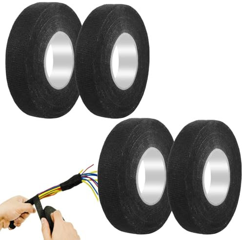 OMBRISA Gewebeband Schwarz 4 Stück, Kabelbaum Klebeband 2 Größen, Isolierband Schwarz Klebeband Textilklebeband, Selbstklebendes Autokabelbaum Wickelband, Haushalt Kfz Motorrad (19mm x 15m/15mm x 15m)