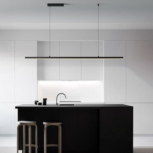 PANNN Suspension Luminaire LED Dimmable Moderne Luminaire Suspension Noir Salle À Manger Avec Télécommande Design Linéaire Réglable Lampe À Suspension Pour Îlot De Cuisine Bureau 150cm,64W