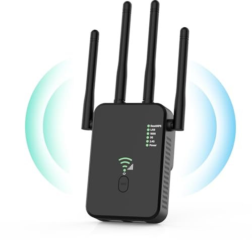 Aenxwa 2025 Neuestes WLAN Repeater 1200Mbit/s Dualband mit 4 externen Antennen,WiFi Verstärker Repeater/Router/Access-Point-Modus, Einfache Einrichtung,LAN/WAN-Port,Kompatibel mit Allen Geräten