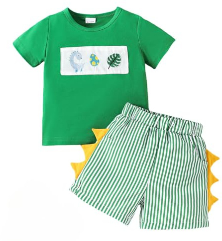 LUVCES Conjunto de Verano para Bebé Niño Pequeño Manga Corta Dinosaurio Bordado Camiseta y Pantalones Cortos de Rayas 2 Piezas Ropa de Trajes Dinosaurio verde 2-3 Años