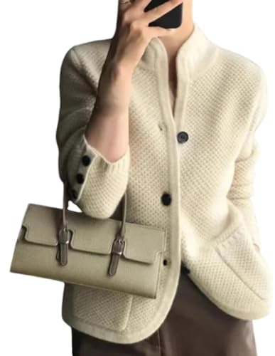 Lockenstab Women's Knitted Cardigan Jacket With Button, Women's Casual Long Sleeve Button Down Cardigan Sweater Knit Outwear, Stand Neck Loose Knit Sweater Jacket(Beige,M)